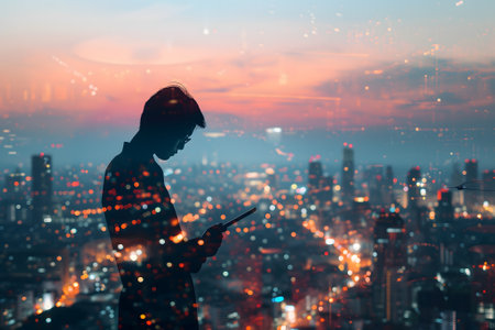 Double exposure of business and a city - Asian businessman using a digital tablet superimposed on a city skylineの素材