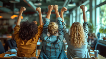 The business women hands up together while standing in the office. Teamwork concept.の素材