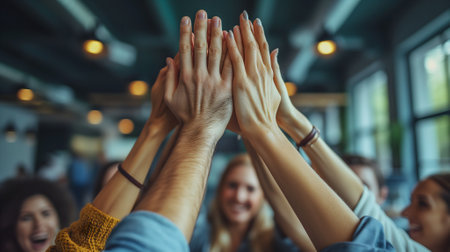 The business teams their hands up together while standing in the office. Teamwork concept.の素材