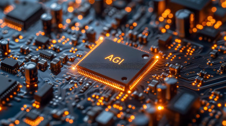 AGI - artificial general intelligence - microchip on black circuit board with orange glowの素材