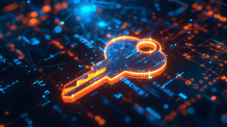 orange holographic key icon on flat glowing futuristic circuit board backgroundの素材