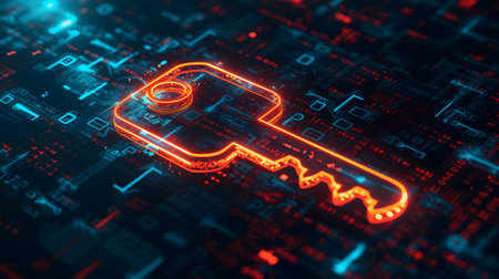orange holographic key icon on flat glowing futuristic circuit board backgroundの素材
