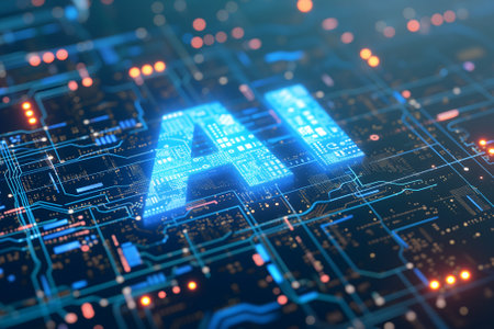 word AI - artificial intelligence circuit board with blue and orange glowの素材