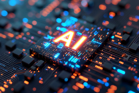 word AI - artificial intelligence circuit board with blue and orange glowの素材