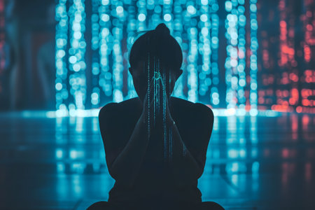 Human praying to AI god with glowing blue symbols in the backgroundの素材
