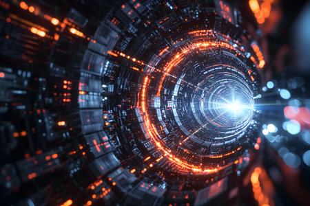 Abstract cyber tunnel with diminishing perspective for technological singularity conceptの素材