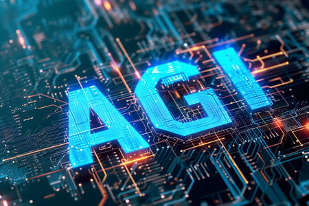 AGI - artificial general intelligence - word on circuit board with blue and orange glowの素材
