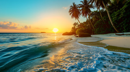 tropical beach view at sunset or sunrise with white sand, turquoise water and palm treesの素材