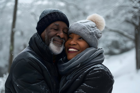 senior heterosexual African American couple in beautiful winter natureの素材