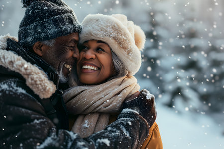 senior heterosexual African American couple in beautiful winter natureの素材