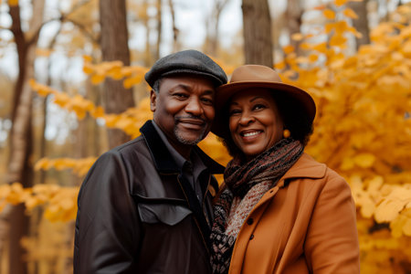 adult heterosexual African American couple in beautiful autumnal natureの素材