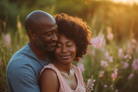 Young adult heterosexual African American couple in beautiful green summer natureの素材