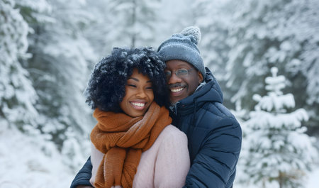 Young adult heterosexual African American couple in beautiful snowy winter natureの素材