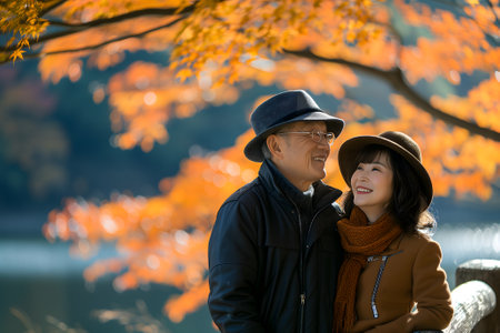 adult heterosexual Asian couple in beautiful autumnal natureの素材