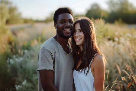 young adult heterosexual diverse couple in beautiful summer natureの素材