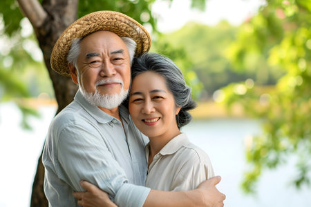 senior heterosexual Asian couple in beautiful summer natureの素材