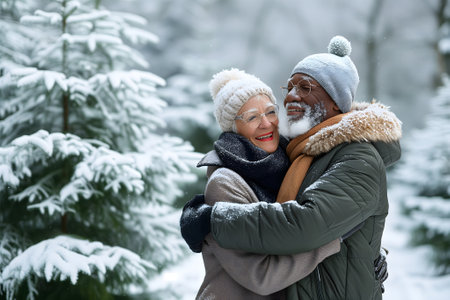 senior heterosexual African American couple in beautiful winter natureの素材