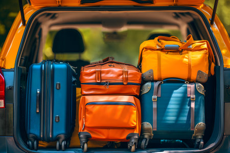 modern SUV car trunk open and full of suitcases and bags to return from summer holidaysの素材
