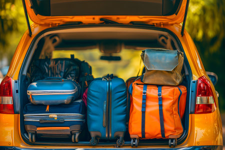 modern SUV car trunk open and full of suitcases and bags to return from summer holidaysの素材