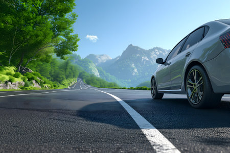 Car traveling with a mountain road at summer day.の素材