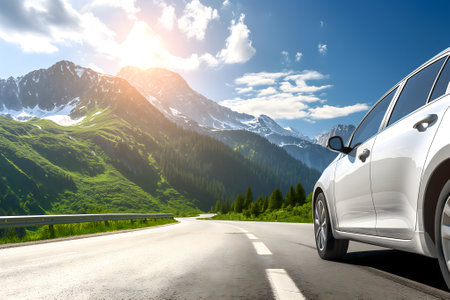 Car traveling with a mountain road at summer day.の素材