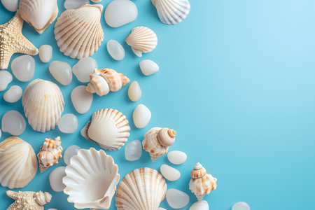 Seashells, pebbles, mockup on blue background. Blank, top view, still life, flat lay. Sea vacation travel concept tourism and resorts. Summer holidays.の素材