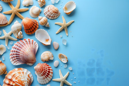 Seashells, pebbles, mockup on blue background. Blank, top view, still life, flat lay. Sea vacation travel concept tourism and resorts. Summer holidays.の素材