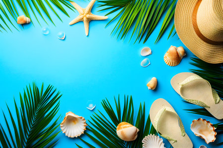 Hat, flip-flops, palm tree leaves on blue background. Blank, top view, still life, flat lay. Sea vacation travel concept tourism and resorts. Summer holidays.の素材