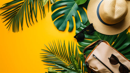 Hat, sunglasses, palm tree leaves on yellow background. Blank, top view, still life, flat lay. Sea vacation travel concept tourism and resorts. Summer holidays.の素材