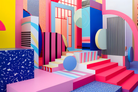 abstract background of playful convergence of 2D pop-art graphics and 3D geometric shapes creating a vibrant multiverse portal, embodying high-energy and big-impact visualsの素材
