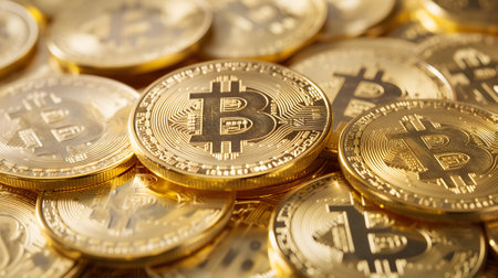 Golden bitcoin shiners closeup full-frame background.の素材
