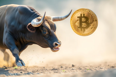 Bull pokes up bitcoin with its snout. Bullish trend concept.の素材