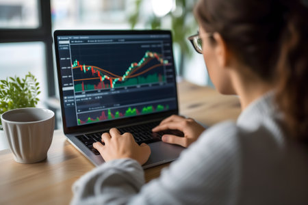 Caucasian woman in glasses sitting at the table in front of laptop with stock market chart - rear over shoulder view.の素材