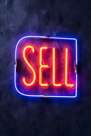 neon inscription word sell on dark shabby wallの素材