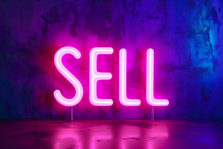 neon inscription word sell on dark shabby wallの素材
