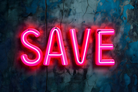 Neon word SAVE on dark shabby wallの素材