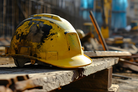 old yellow hard hat at construction site for safety conceptの素材