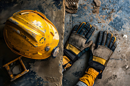 old yellow hard hat at construction site for safety conceptの素材