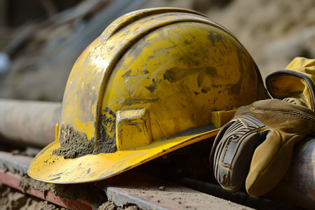 old yellow hard hat at construction site for safety conceptの素材