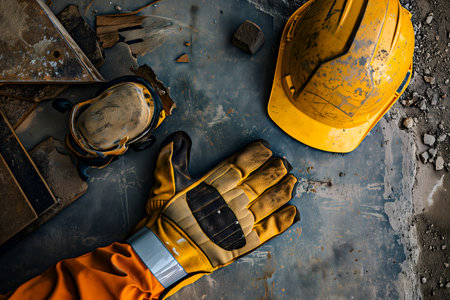 old yellow hard hat at construction site for safety conceptの素材