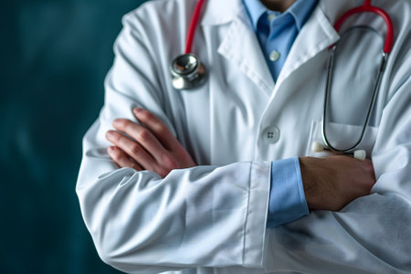 Abstract Medical Doctor, Symbolizing Compassion and Expertise asymmetrical composition with copy space.の素材