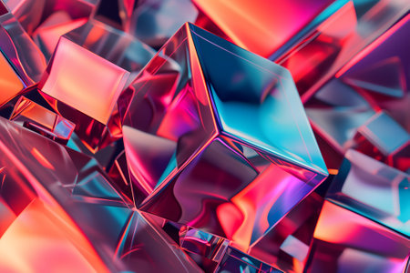 abstract background of glass cubes with colorful orange and pink lightingの素材