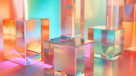 abstract background of glass cuboids with bright pastel colorful lightの素材