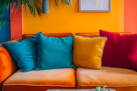 Colorful vivid interior decorated with sofa and pillowsの素材