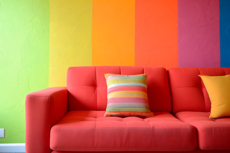 Colorful vivid interior decorated with sofa and pillowsの素材