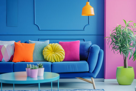 Colorful vivid interior decorated with sofa and pillowsの素材