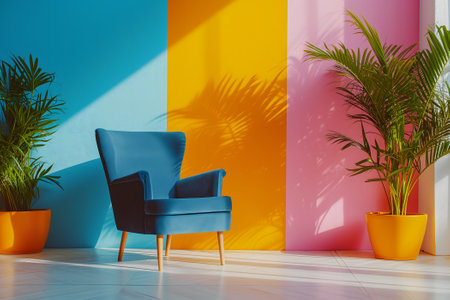 empty blue chair in colorful interior with plants and sunlightの素材