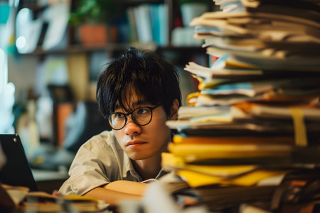 Asian man in an office, overwhelmed by a mountains of paperworkの素材