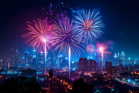 A spectacular image of fireworks illuminating the night sky over a cityの素材