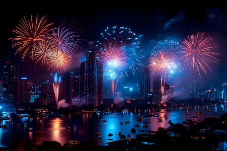 A spectacular image of fireworks illuminating the night sky over a cityの素材